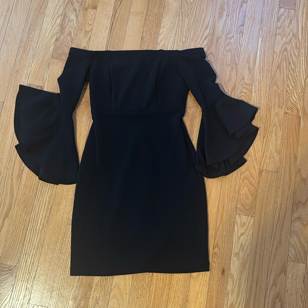 Black strapless dresss with bell sleeves